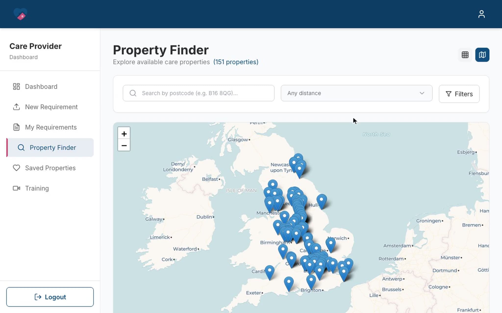 Care Property Hub care-provider dashboard: every available property on a UK map, the care-ready requirement form covering fire doors, wheelchair access and step-free entry, the provider's requirements, and the training videos.